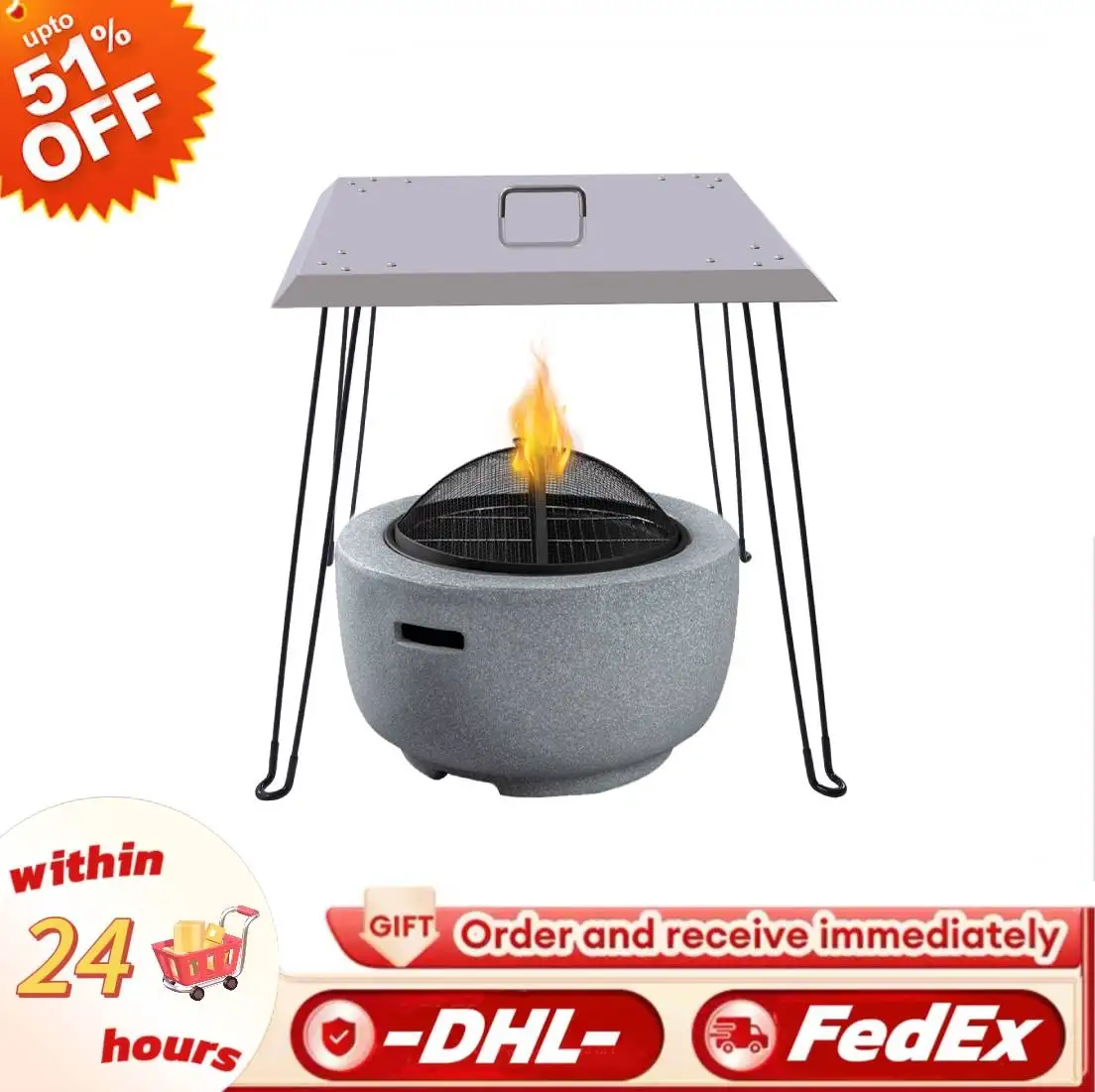 

Fire Pit Heat Deflector 24in with Handle Square Fire Pit Lid Collapsible Legs Outdoor Fireplace Warmer for Backyard/Patio