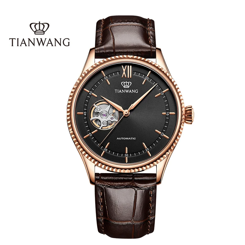 TIAN WANG Men Watches Fashion Skeleton Business Automatic Mechanical Watch For Men Hollow Leather Sapphire Crystal Belt Clock