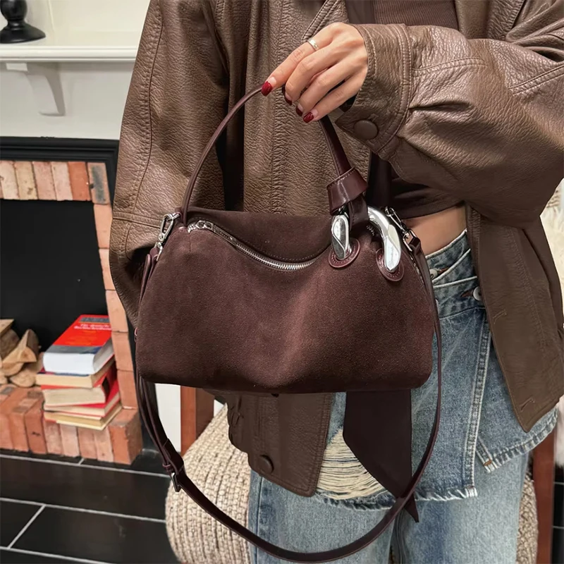 Natural Suede Pillow Bag Handbag Women Underarm Saddle Bag Metal Handle Crossbody Pouch Long Shoulder Strap Design Messenger Bag