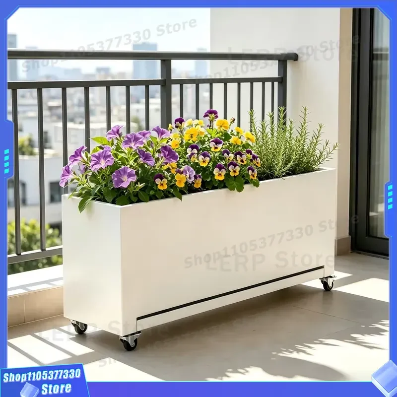 Heavy Duty Metal Flower Pot Box With Drainage Tray And 4 Locking Wheels Movable Planter For Garden Balcony Terrace Outdoor