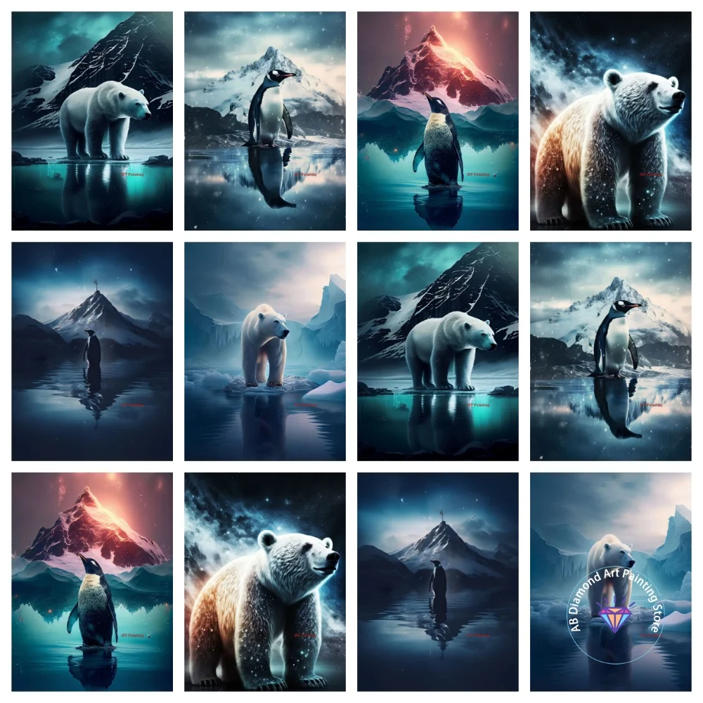 

Beautiful Aurora White Bear Penguin AB Diamond Painting Kit Square Round Diamond 5D DIY Mosaic Handmade Art Gift Home Decor