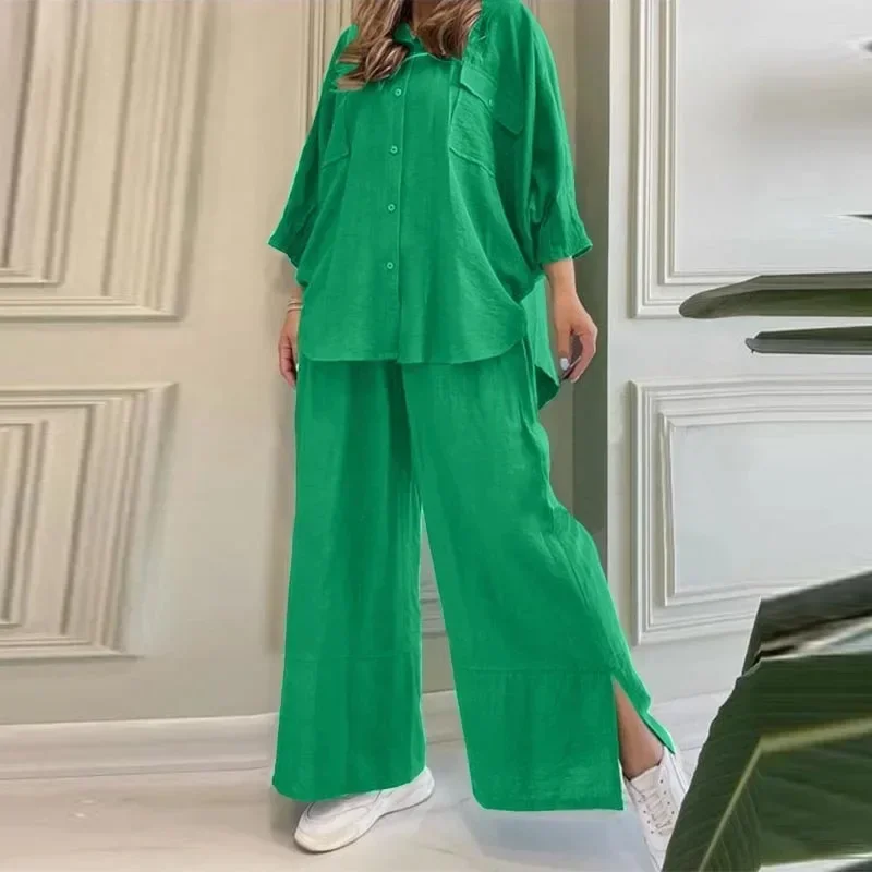 

Street Women's Set Long Sleeve Shirt Tops and Split Wide Leg Pants Elegant Tracksuit Two Piece Set Sweatsuit Casual Loose Outfit