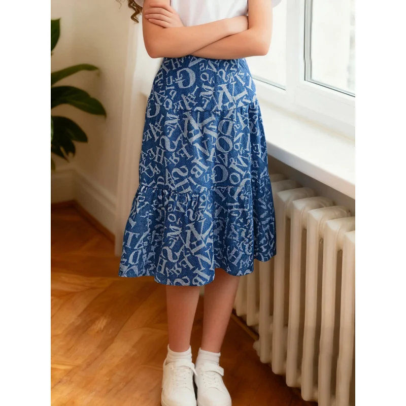 

2025 Design Style Cake Skirt - Girls' Fashionable and Versatile Style - Letter Print Blue Denim-like Long Skirt