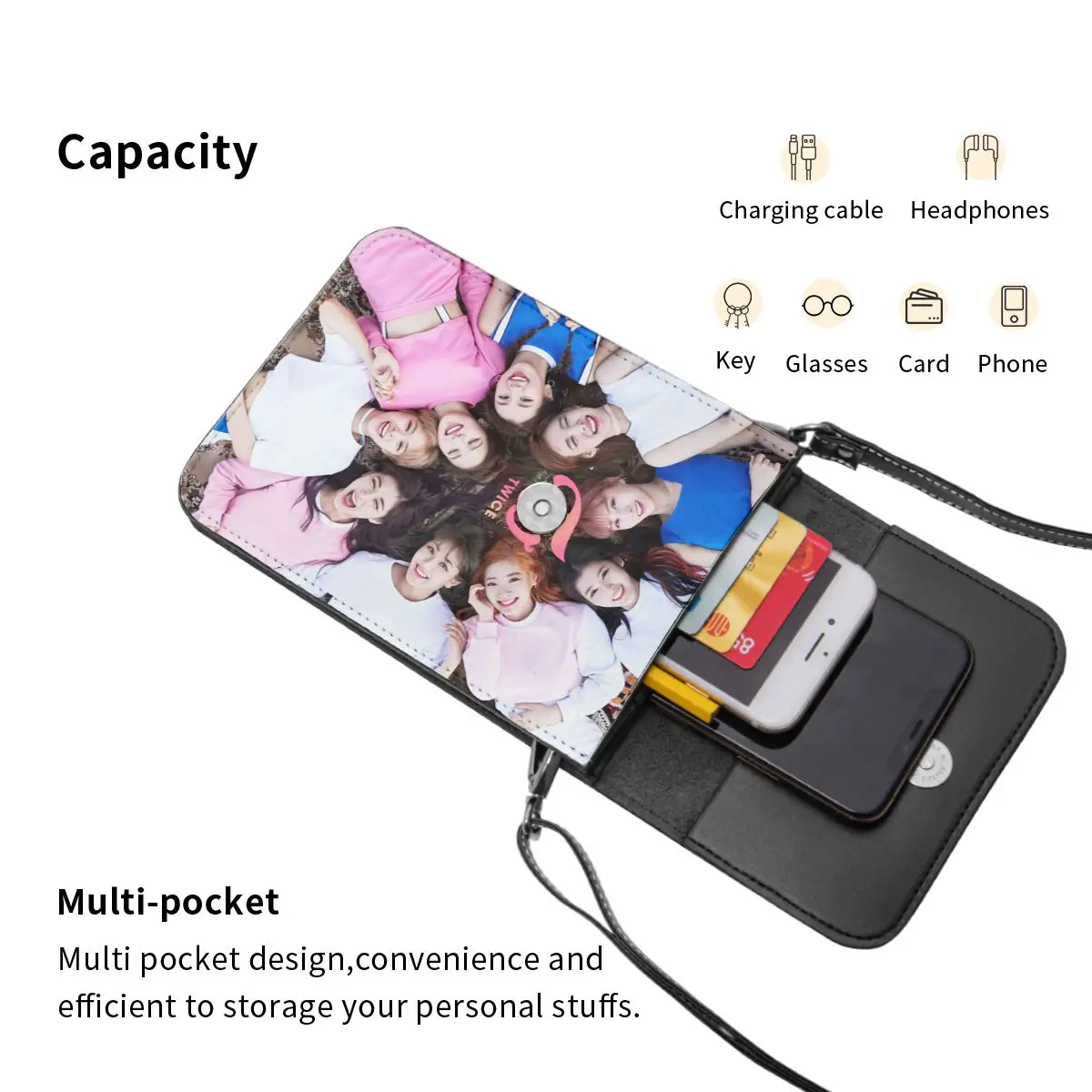 Portefeuille à bandoulière Kpop TWICE pour filles, sac à main pour téléphone portable, sangle réglable, sac initié, groupe