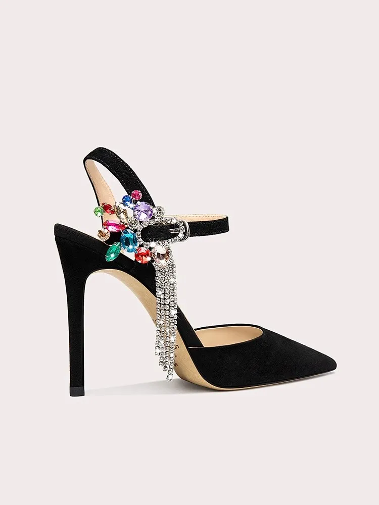 Thin high-heeled sandals summer new pointed suede color rhinestone tassel single shoes banquet large size small size women shoes view 4