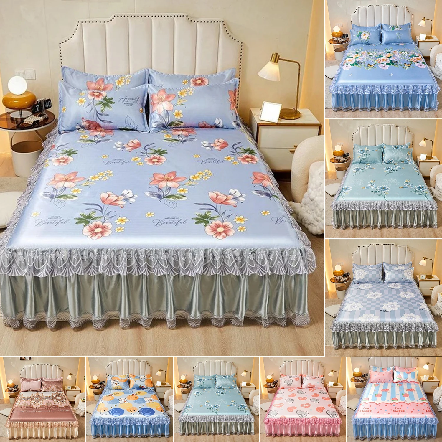 

3PCS Korean lace cooling mat Bedding Lace Bedspread Bed Skirt Machine Washable with Elastic Band for Queen King Size Sheets Bed