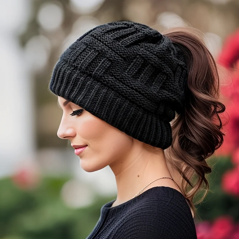 1PC Cap Top Open Beanie Knit Hat for Women Suitable Ponytails High Elasticity Warm Winter Fashion Outdoor Sports Hat gorras