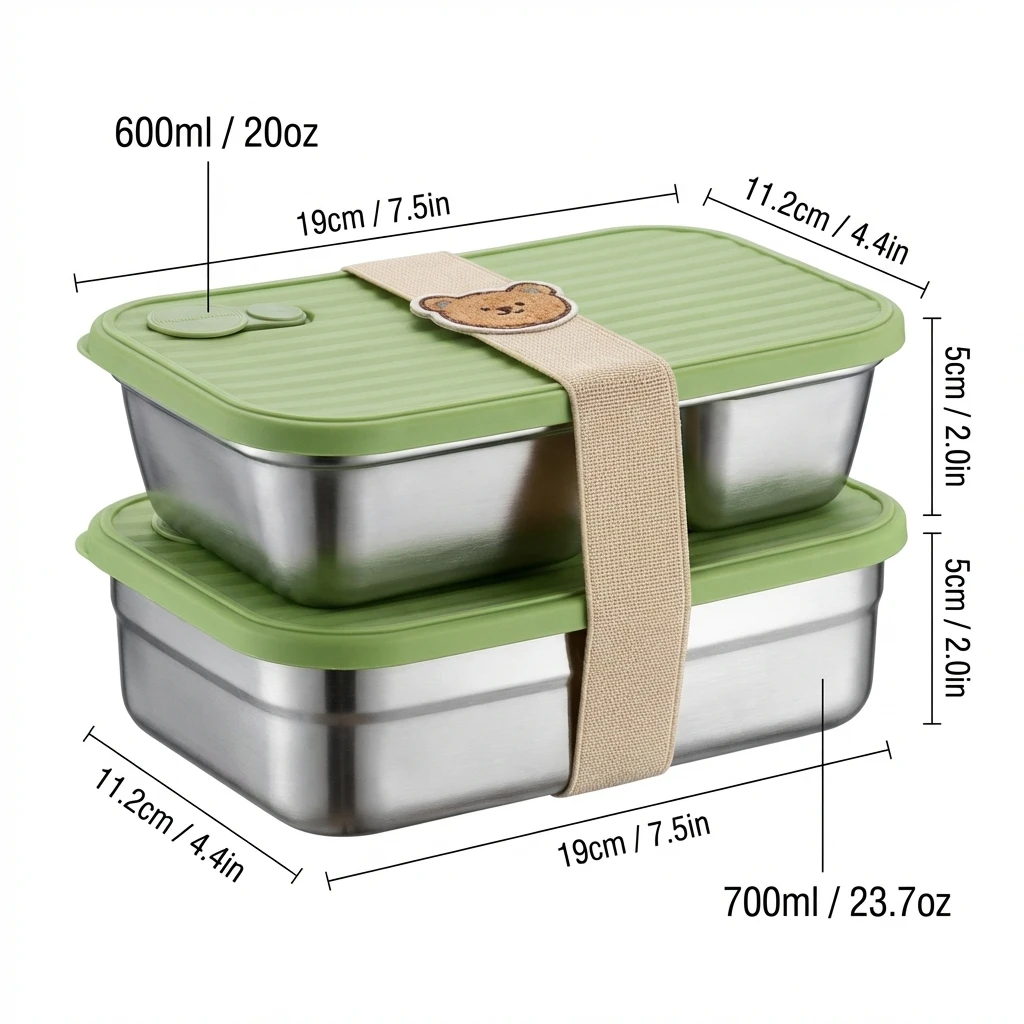 WORTHBUY Lunchbox aus Edelstahl 304, mit Deckel, tragbarer Obstsalat-Lebensmittelbehälter, stapelbar, auslaufsicher, Bento-Box für Studenten
