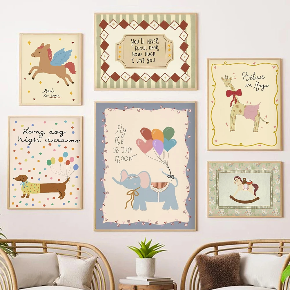 

Vintage Rocking Horse Giraffe Elephant Dachshund Nursery Print, Floral Love Quote Poster, Retro Cartoon Baby Kids Room Decor