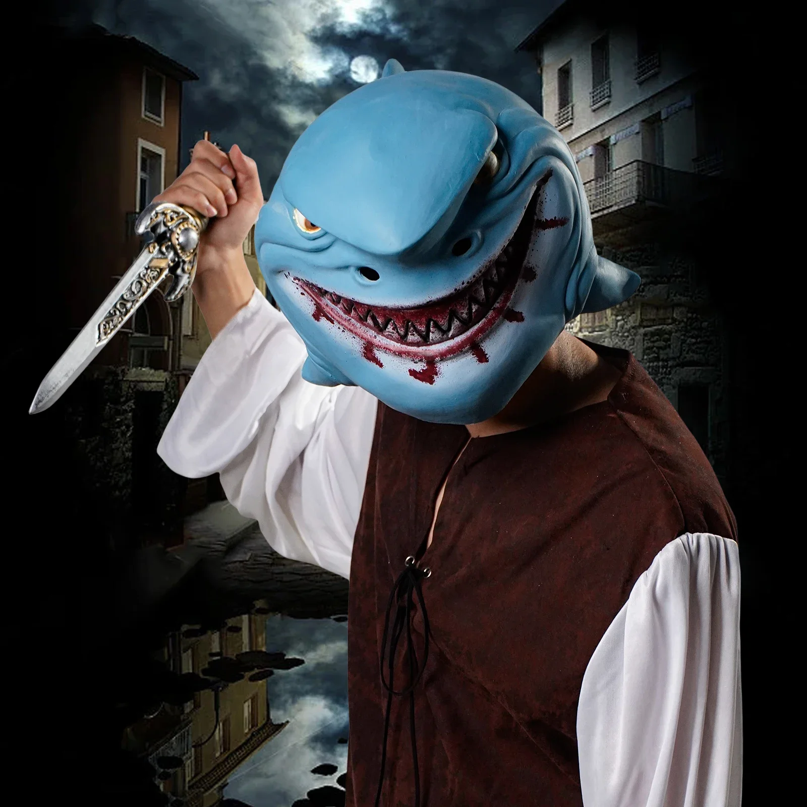 

2025halloweenMasque de requin taché de sang avec dents pointues - en latex - parfait pour Halloween, jeux de rôle, carnaval
