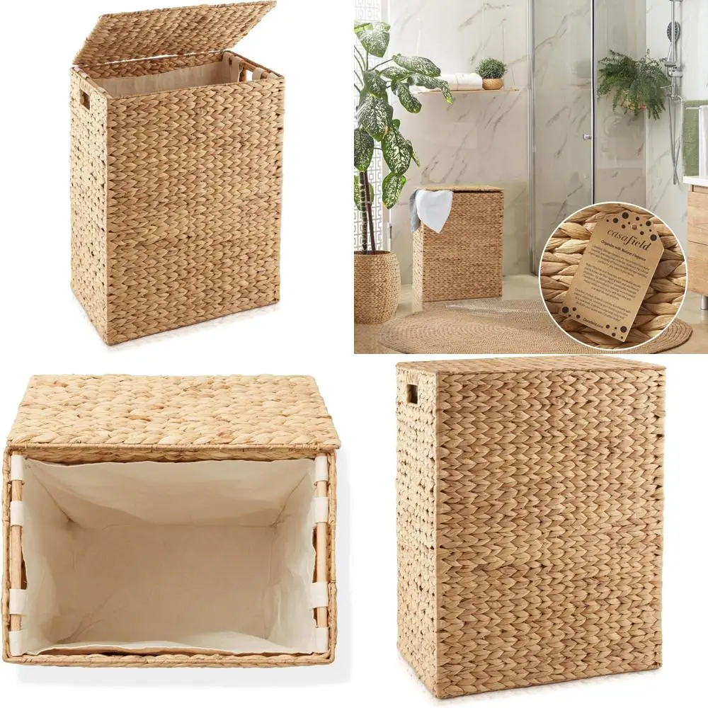 

Large Natural Woven Water Hyacinth Laundry Hamper with Lid and Removable Liner for Rectangular Basket Sorting