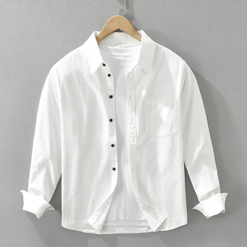 White Casual Long Sleeve Men Shirts 100% Cotton Spring Autumn Green Solid Color Fashion Loose Top Shirts For Men Solid Soft