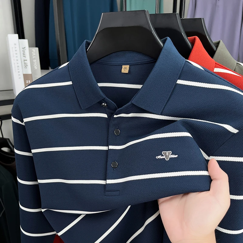 

men's autumn long sleeves high quality polo shirt lapel stripe luxury t-shirt fashion comfortable jacquard men's clothing tops