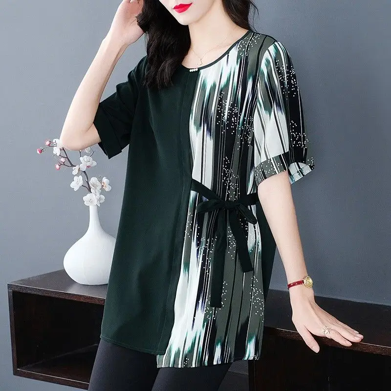 2024 New Fashion Summer Printed Spliced Drawstring Women\'s Round Neck Fashion Short Sleeve Loose Commute Midi Chiffon Shirt Tops