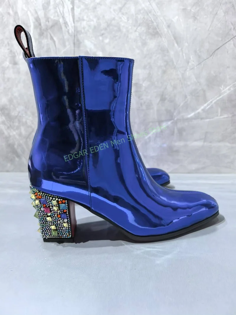 Fashion Colorful Crystal Decoration Square 5cm High Heel Ankle Boots Pointed Toe Side Zipper Male Blue Wedding Boots Shoes