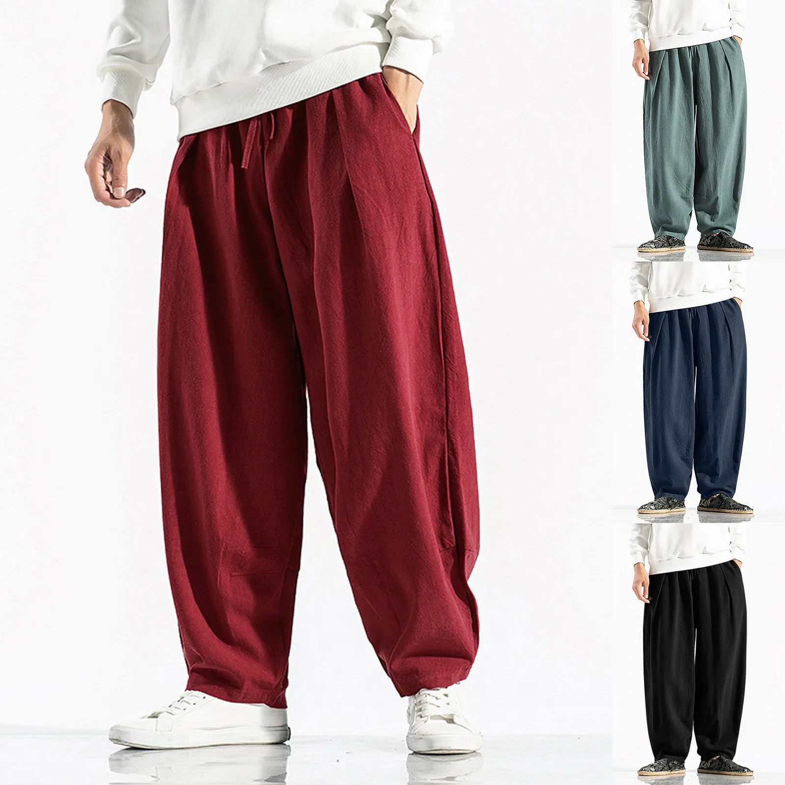 

Mens Casual Loose Solid Color Linen Pants Cotton Linen Casual Trousers Wide Leg Pants Sports Pants Soft Pocket Trousers 2024