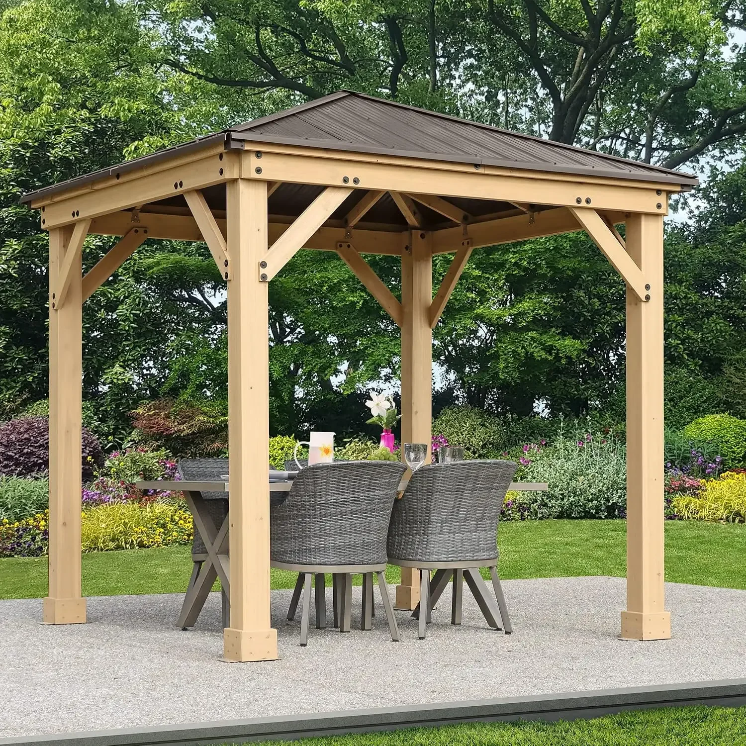 8 x 8 Meridian Cedar Wood Gazebo Pavilion for Patios, Decks, Garden, Backyard, Durable, Aluminum Roof, Customized