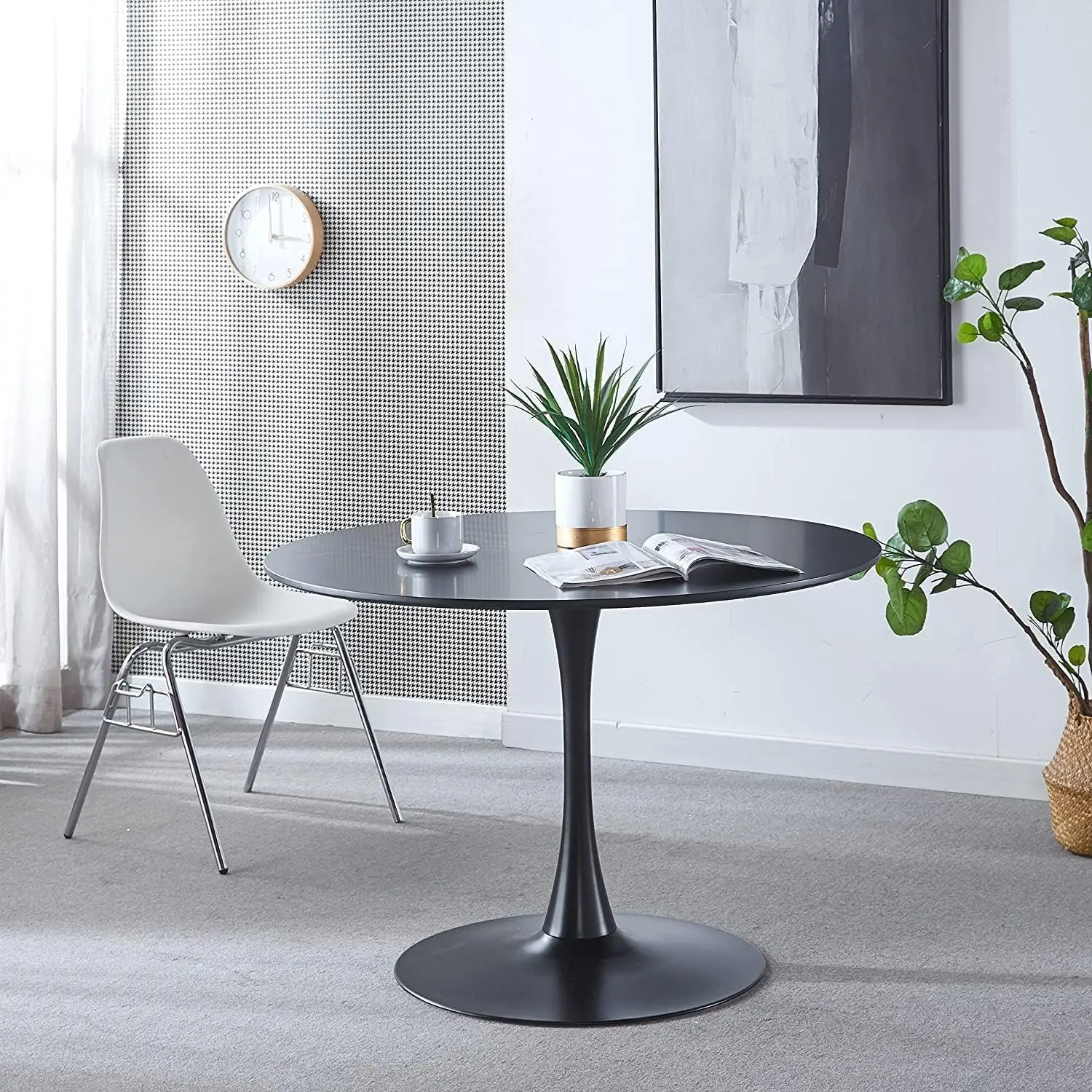 42"" Black Round Dining Table For 4-6 Person,Mid-Century Black Tulip Table Kitchen Dining Table With Mdf Table Top And Pedestal