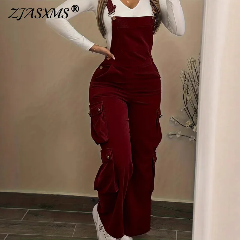 

Y2K Casual Solid Strappy Bodysuit Sexy High Waist Ribbed Corduroy Overalls Spring Summer Cargo Pocket Wide Leg Women's Jumpsuits