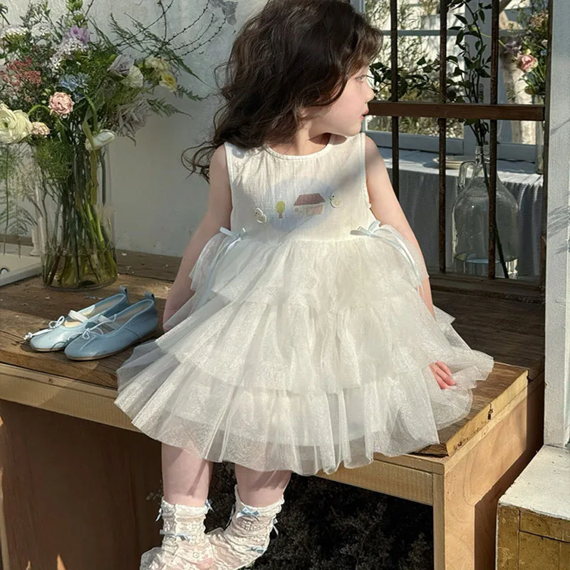Vestido de verão sem mangas colete vestidos crianças meninas roupas crianças gaze bordado patinho bolo vestidos moda casual diariamente