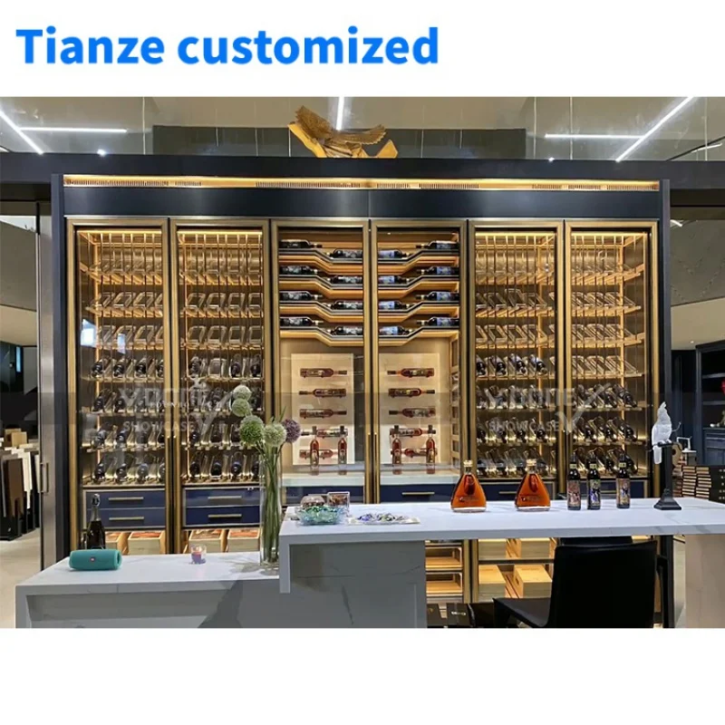 [Customized]Commercial design cooling stainless steel display racks luxury wall large wine cellar whiskey glass display wine cab