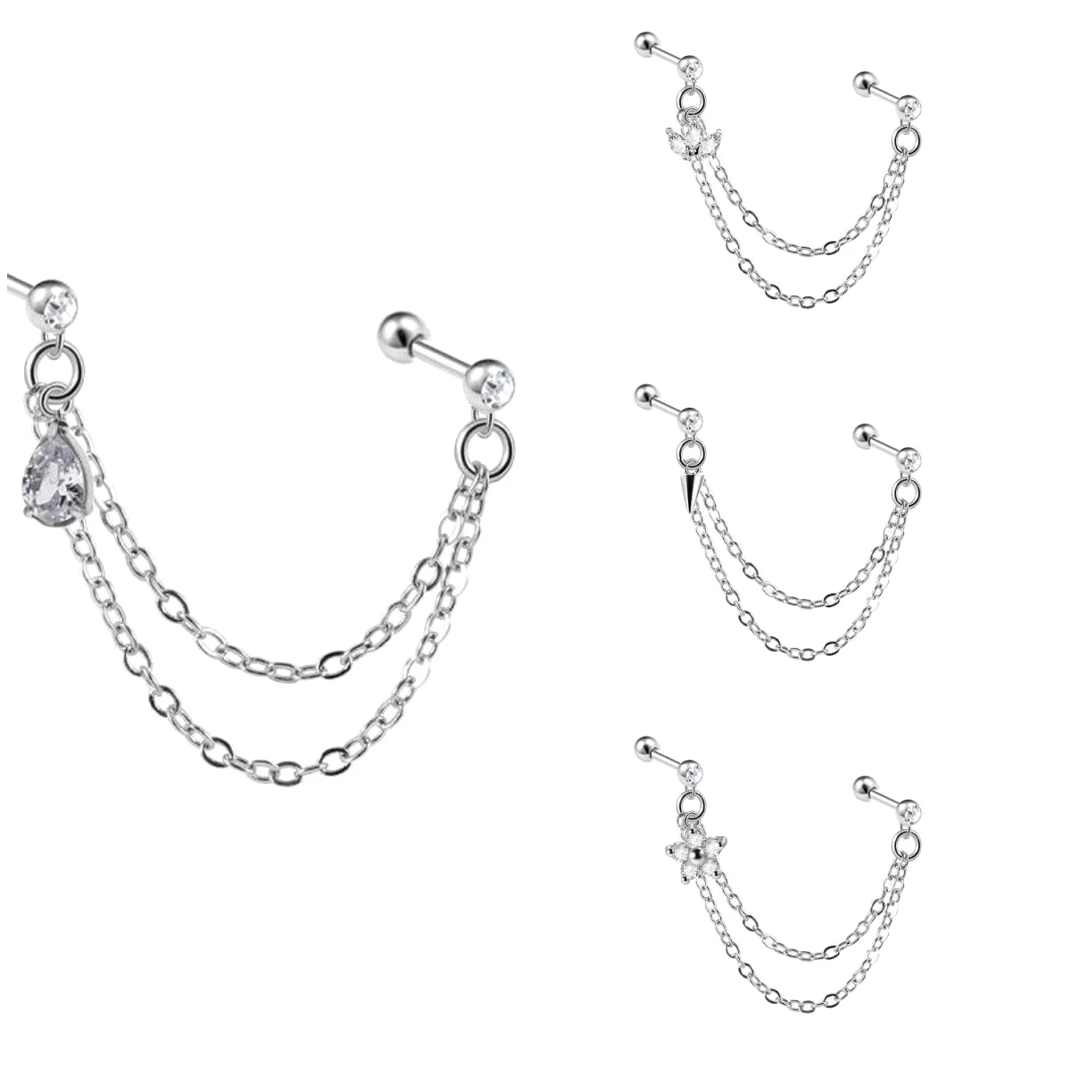 Pendientes con doble orificio para la oreja, corazón de melocotón, flor, cadena para la oreja, joyería para Piercing corporal