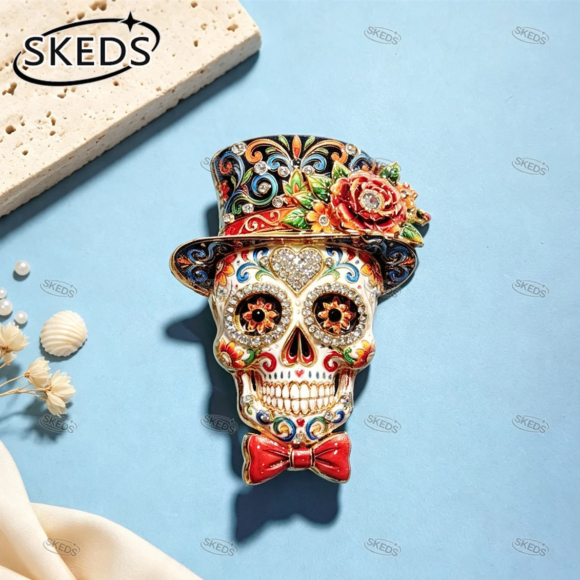 SKEDS Vintage Gothic Sugar Skull Brosche Strass Zylinderhut Fliege Calavera Anstecknadel Halloween Dia De Los Muertos Kleidungsdekoration – Detail 3