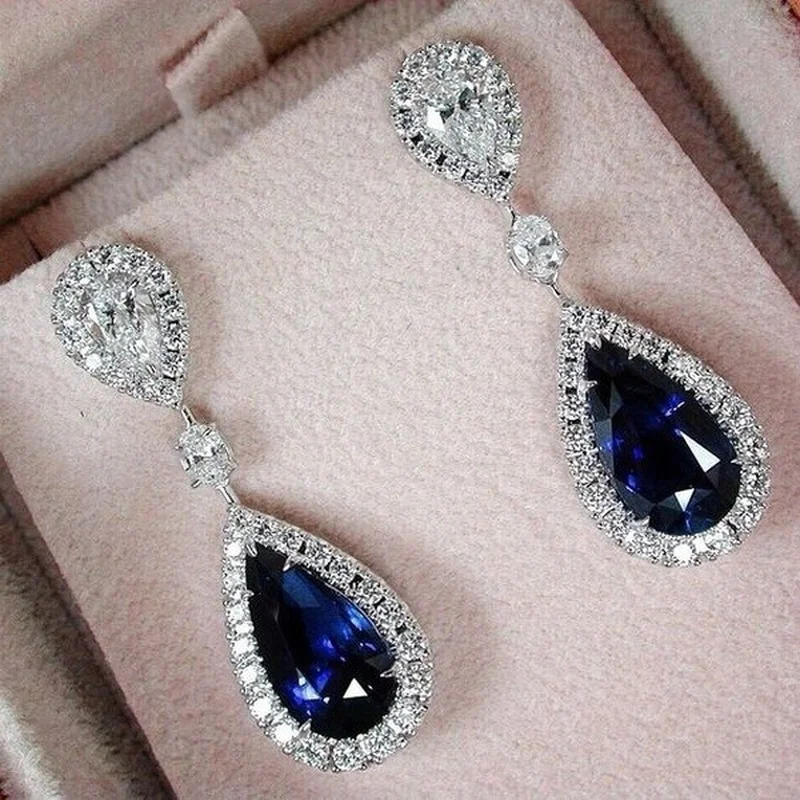 Luxury Womens Earrings Drop Blue Zircon White Pendant Engagement Wedding Earrings Party Jewelry Gift Earrings for Women Ear Ring