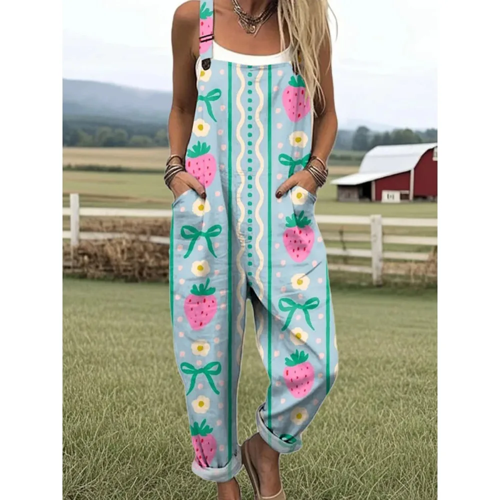 

Комбинезон в стиле Харадзюку в стиле каваи, женский комбинезон с игривым клубничным и цветочным принтом и карманами, регулируемые бретели
