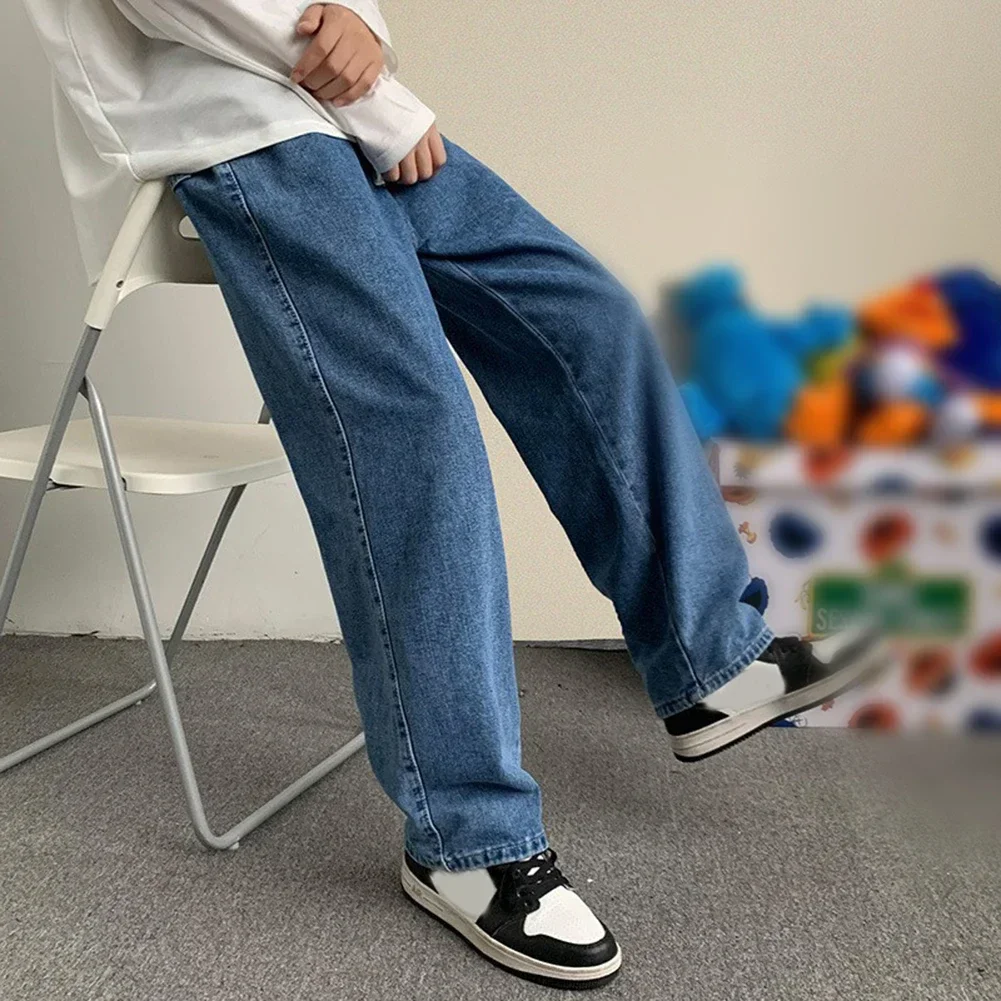 Jeans Men Pants Daily Korean Lightweight Loose Solid Color Straight Streetwear Trousers Wide Leg Comfy Fashion