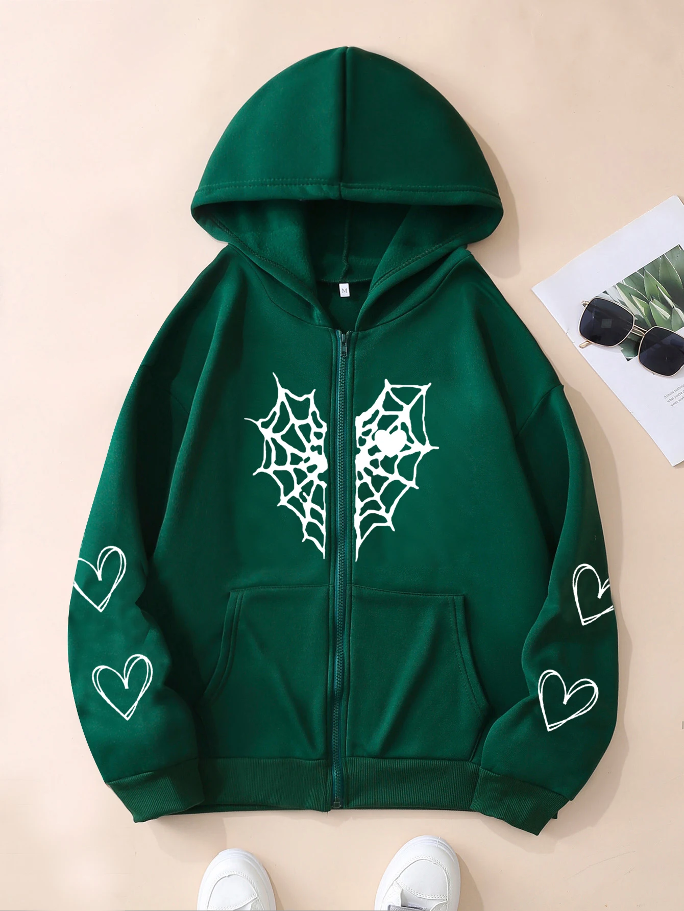 XUANSHOW Herbst Winter Lose Frauen Hoodies Gothic Harajuku Y2k Kleidung Spinne Web & Herz Druck Zip Up Thermische Strickjacke Mantel – Detail 12