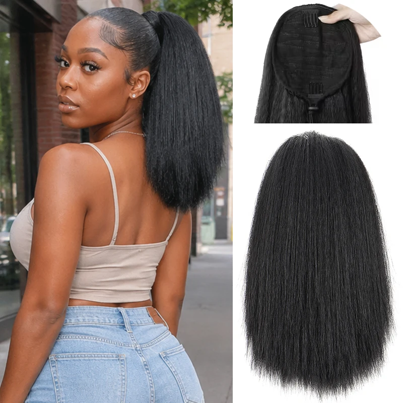 10Inch Synthetic Short Straight Yaki Ponytail Hair Extension Drawstring Clip in Fluffy Hairpiece for Women Daily Use