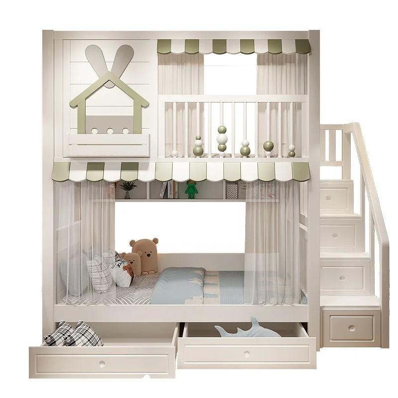 

Children's upper and lower bunk beds with wide upper and lower bunk boys high and low guardrail castle tree house bed
