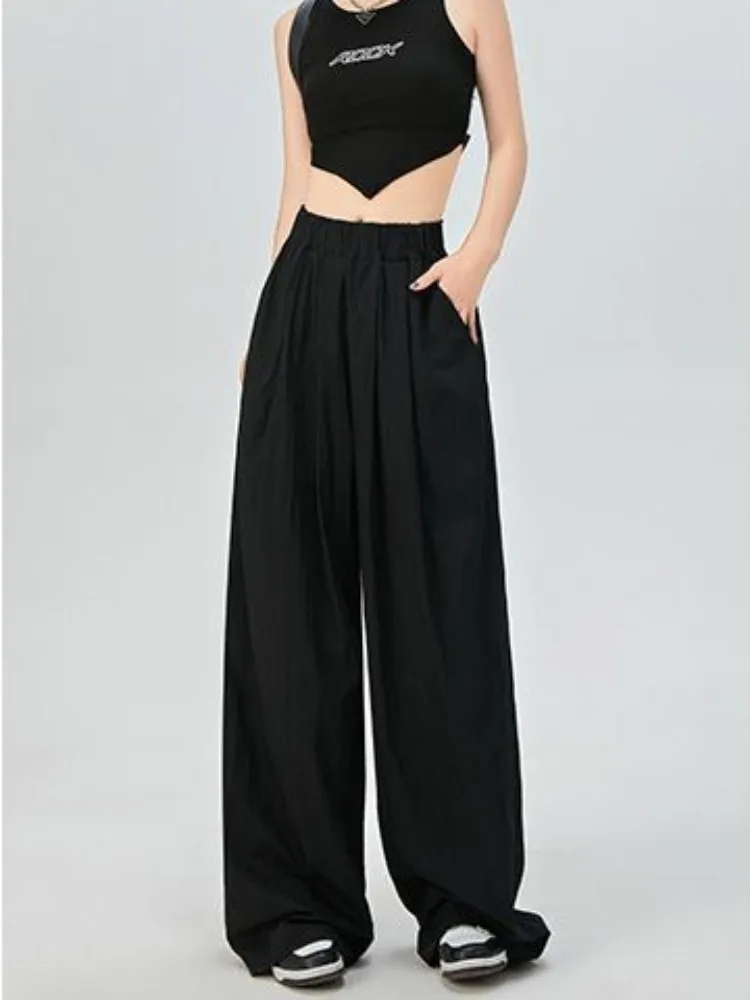 HOUZHOU Y2k Baggy Black Ice Silk Pants Woman Oversize Vintage Korean Style Harajuku Fashion Streetwear Trousers Casual Summer