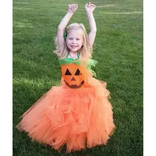 Green Orange Pumpkin Baby Girls Tutu Dress with Hairclip Kids Halloween Costume Children Fancy Dress Up Party Clothing