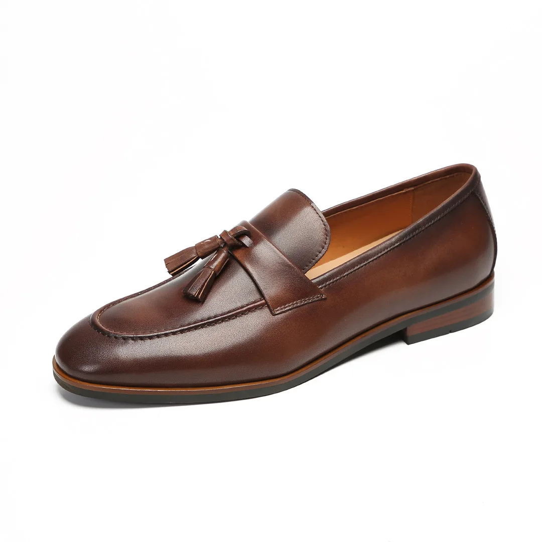 CLAIAMI New Slip-on Fringed Loafers for Men Cowhide Handmade Leather Casual Men Shoes Brushed Leather High-end Business Shoes