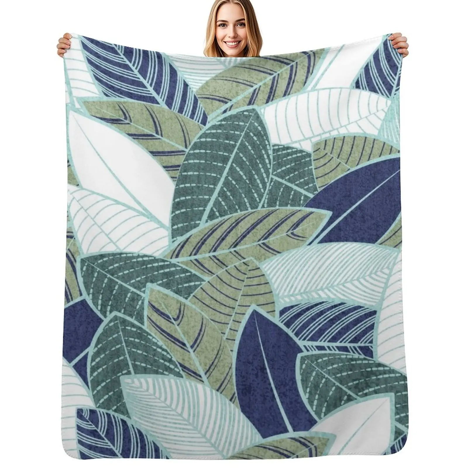 

Leaf wall // navy blue pine and sage green leaves mint lines Throw Blanket Wrinkle Resistant Lightweight Blanket