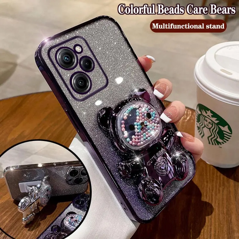 Cute Bear Colorful Flow Beads Plating Phone Holder Case For Xiaomi Poco M4 Pro X5 X3 GT F4 M3 Pro M3 X5 Pro X4 GT F3 M2Pro Cover