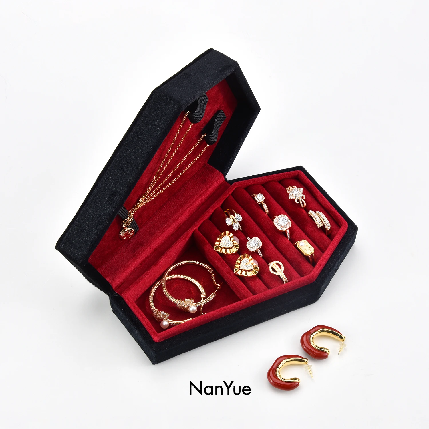 

Nanyue New Coffin Box Packaging Velvet Ring Necklace Jewelry Storage Box Support Logo Custom High-end Coffin Jewelry Box