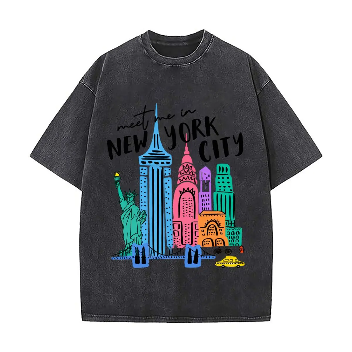 Meet Me In New York City Skyline Statue Liberty Graphic Washed Short Sleeve Loose Streetwear Tee Hip Hop