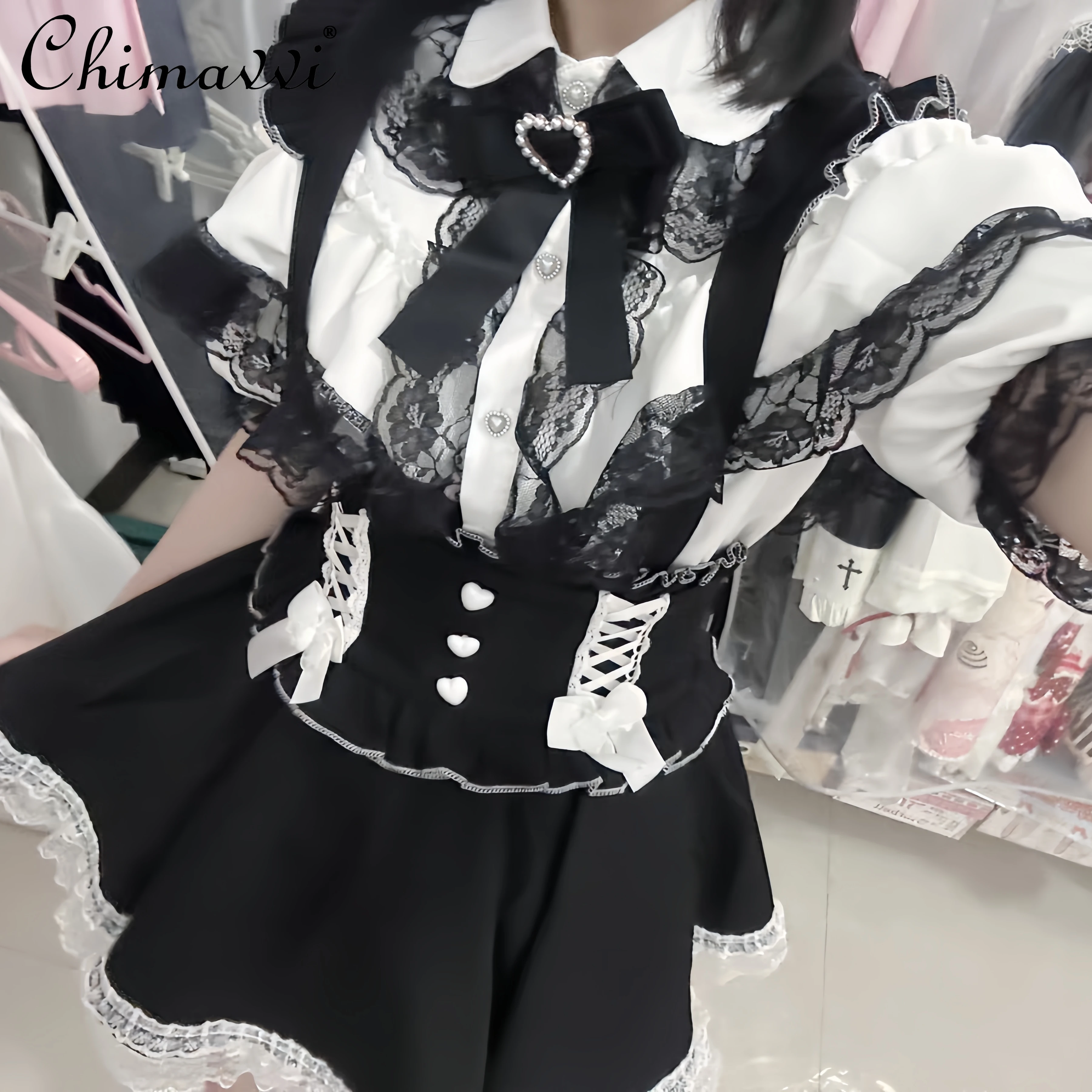 

Japanese Mine Off-the-shoulder Short-sleeved Shirt Sweet Girl Lace Double-layer Hollow Subculture Cute Shirt Lolita Top Summer