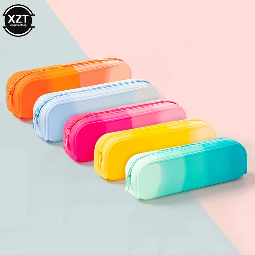 1Pcs Creative Gradient Color Pencil Case Silicone Waterproof Pen Bag Kawaii Large Capacity Storage Box School Office Supplies