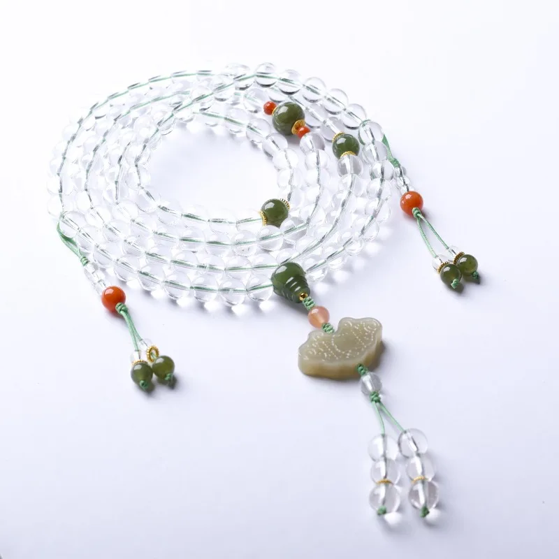 

Natural White Crystal 108 Beads Buddhist Bracelet Natural Hetian Jade Chinese Knot New Chinese Style Necklace Gifts