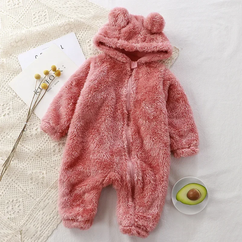 Infant Coral Fleece Hooded Rompers Thick Warm Cute Bear Shape Baby Winter Jumpsuits Newborn Soft Pajamas Overalls