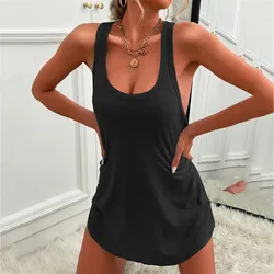 Womens Summer Cotton Dresses Vestidos Casual Sleeveless Solid Color T Shirt Dress Loose O Neck Tank Mini Dresses Homewear Robe