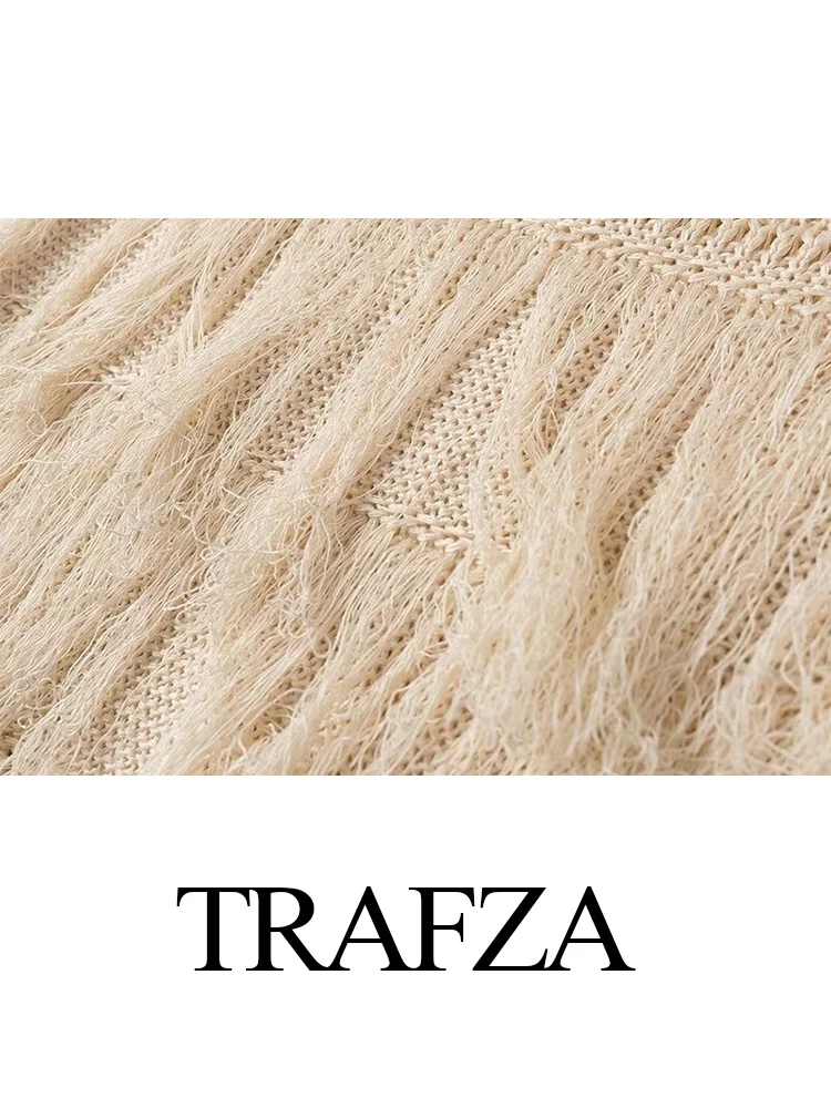 TRAFZA Women\'s Fashion Apricot Round Neck Sleeveless Tassel Knitted Dress Female New Sexy Elegant Mini High Street Casual Dress