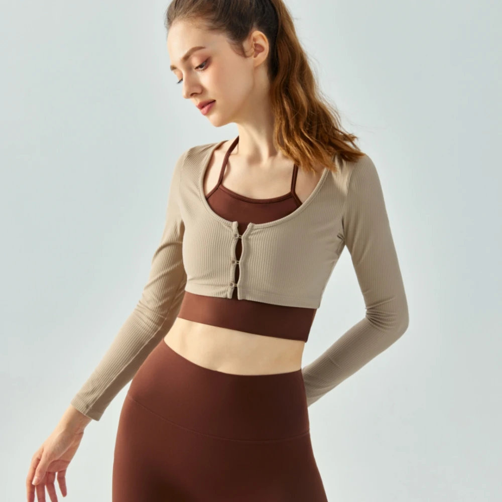 Color Block Hanging Neck Fake Two-piece Long Sleeve Yoga Suit Women Semi Fixed Cup Front Chest Button Sports Fitness Suit Top