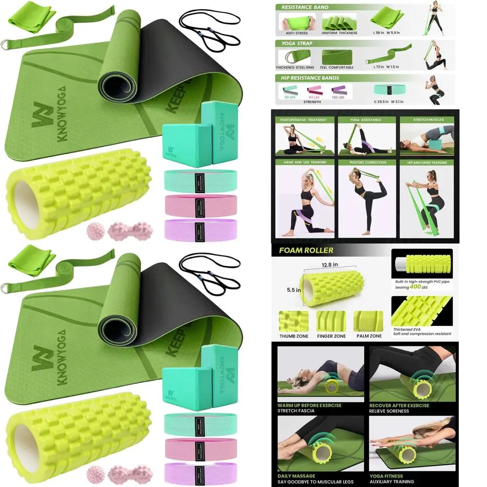 

Beginner Yoga Kit with Mat, Foam Roller, Resistance Bands, Blocks, Strap, Massage Balls for Yoga Enthusiasts