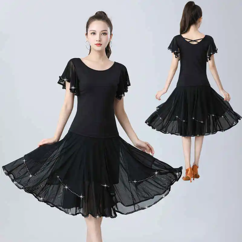 

New Square Dance Costume Suit Short-Sleeved Skirt Mesh Skirt Jitterbug Modern Dance Performance Clothes