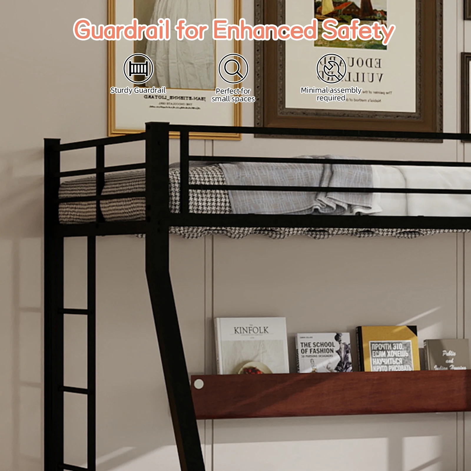 Heavy Duty Metal Twin XL Over Queen Bunk Bed with Trundle, Space Saving Triple Bunkbed Frame with Guardrails & Ladder, 400 LBS Capacity, Black view 5